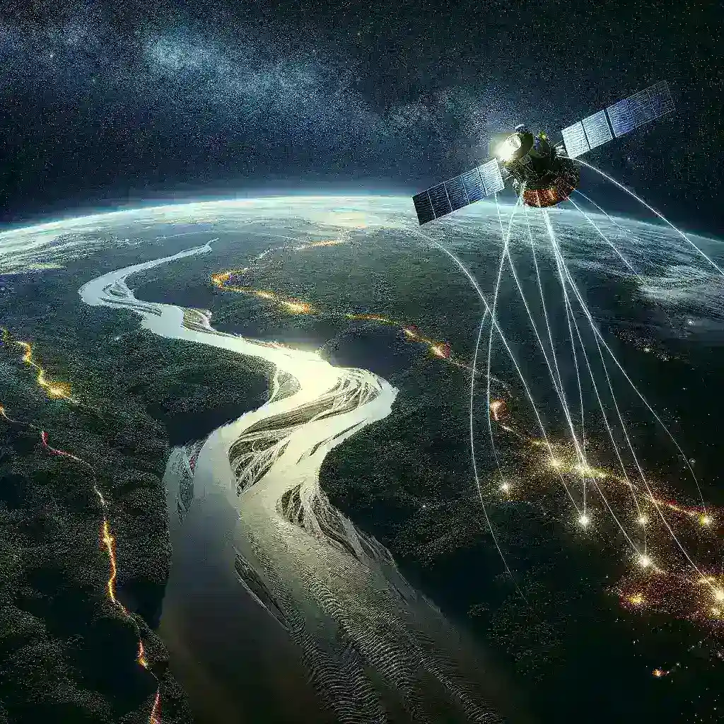 "Low Earth Orbit satellite delivering high-speed internet to remote Amazon River communities, enhancing connectivity and digital access"