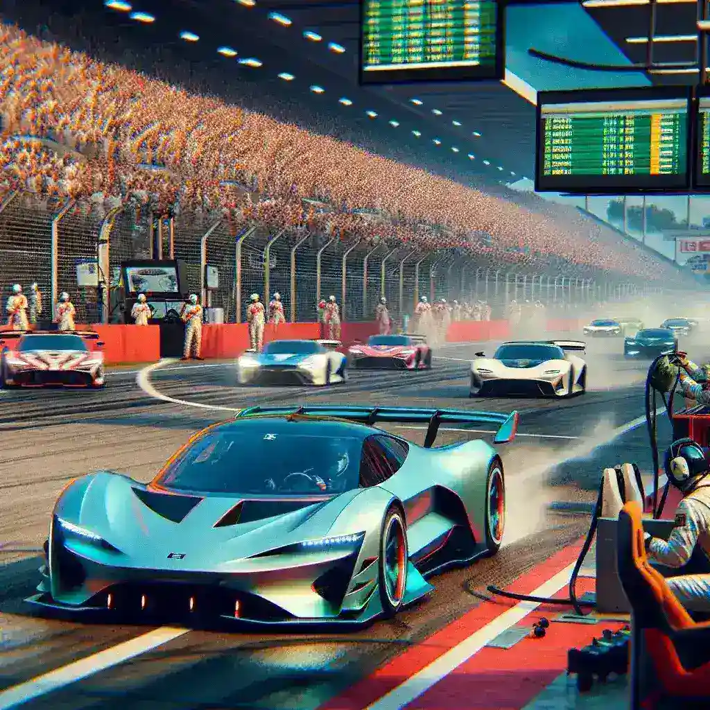 "Electric race car speeding on a professional motorsport track showcasing the rise of electric vehicles in competitive racing."